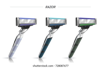 Razor mockup set, three different colors razor in 3d illustration isolated on white background