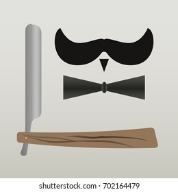 Razor, mustache and butterfly tie on gray background, vector clip art