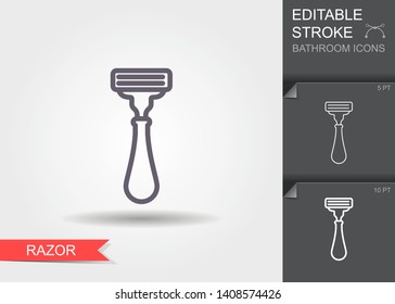 Razor. Outline icon with editable stroke. Linear symbol of the bathroom with shadow