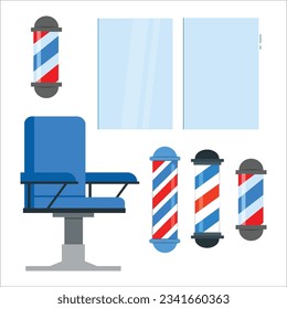 Razor, scissor and comb with pole emblem. Barbershop background concept. Set of old fashioned vintage glass barber shop poles with stripes. salon and barber shop equipment. salon chair. 2249