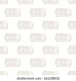 Razor. Seamless watercolor pattern with stainless razor on the white background, aquarelle. Vector illustration. Hand-drawn original background for barber shop. Useful for design.