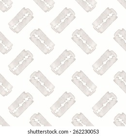 Razor. Seamless watercolor pattern with stainless razor on the white background, aquarelle. Vector illustration. Hand-drawn original background for barber shop.  Real watercolor painting.