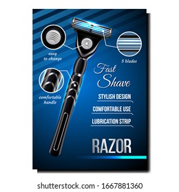 Razor For Shave Creative Advertising Banner Vector. Metal Safety Razor Stylish Design, Comfortable Use And Lubrication Strip. Personal Facial Care Hygiene Colorful Concept Template 3d Illustration