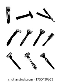 Razor, Shave Zubehör Vektorsymbole Set. Razor, modern, Retro-Style-Rasierapparate, Elektronik. Barbershop Services Contour Piktogramme.