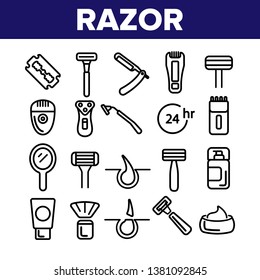 Razor, Shaving Accessories Vector Linear Icons Set. Razor, Male Hygiene Thin Line Illustrations Collection. Modern, Retro Style Shaving Equipment, Electronics. Barbershop Services Contour Pictograms