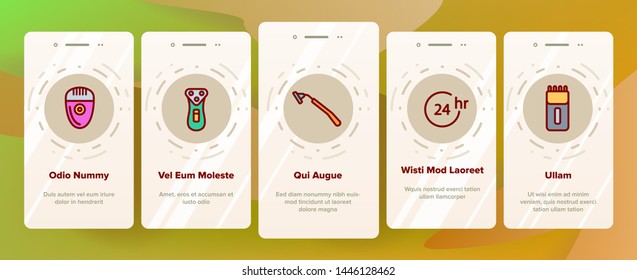 Razor, Shaving Accessories Vector Onboarding Mobile App Page Screen. Razor, Male Hygiene Thin Line Illustrations Collection. Modern, Retro Style Shaving Equipment, Electronics. Barbershop Services