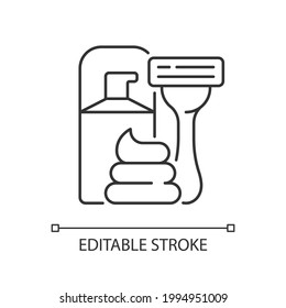 Razor and shaving cream linear icon. Facial skincare, hair removal for man. Lotion for aftershave. Thin line customizable illustration. Contour symbol. Vector isolated outline drawing. Editable stroke