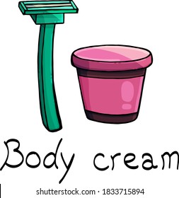 Razor and shaving cream on a white background, cartoon style, isolated on a white background, mask, tube, razor, green, pink, cosmetic line, body care, shower, bath, shop, cleanliness, body care, cute