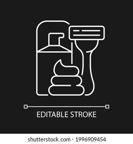 Razor and shaving cream white linear icon for dark theme. Facial skin care, hair removal for man. Thin line customizable illustration. Isolated vector contour symbol for night mode. Editable stroke