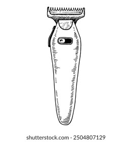 Razor trimmer. Vector Hand drawn illustration. Black and white graphic clip art on a background. Drawing of hair shaver. Beard clipper sketch. Facial and body hair care, ideal for barbershop themes