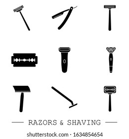 Razor vector black icon set. collection of 9 razor outline icons. editable razor icons for web and mobile. shaving. Shaver blade razor simple