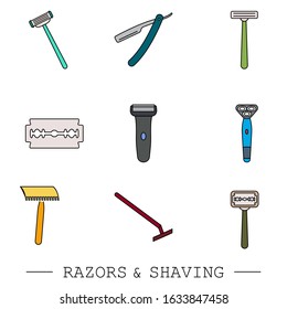 Razor vector color icon set. collection of 9 razor outline icons. editable razor icons for web and mobile. shaving. Shaver blade razor simple