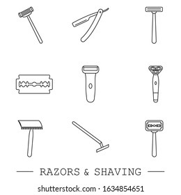 Razor vector line, linear icon set. collection of 9 razor outline icons. editable razor icons for web and mobile. shaving. Shaver blade razor simple