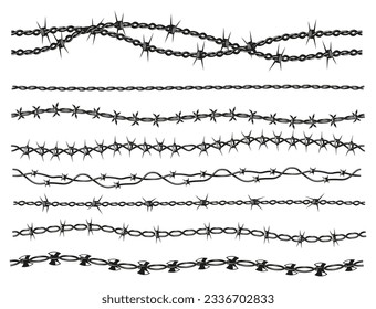 Razor wire collection. Barbed wire military border, dangerous chain of sharp barbed wire, danger warning silhouette for security concept. Vector set. Prison boundary protection with metal spikes