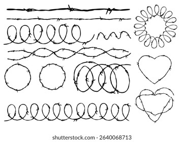 Razor wire silhouettes. Barbed wire metallic border elements, sharply barb wire fencing vector symbols set. 