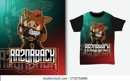 Razorback esport mascot logo with t-shirt design, Hand drawn