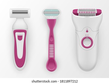 Razors, epilator for women realistic set. Hair removal tools, machine. Shaving personal hygiene female accessories. Bathroom household devices. Vector collection isolated on white background.