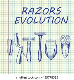 Razors evolution set. Vector stock illustration. Sheet ball pen drawing