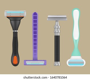 Razors realistic. Woman depilation items shaving razors vector collection of blades