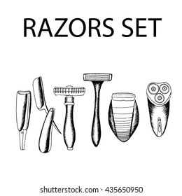Razors set. Vector stock illustration. Black and white whiteboard drawing