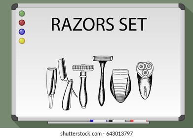 Razors set. Vector stock illustration. Black and white whiteboard drawing