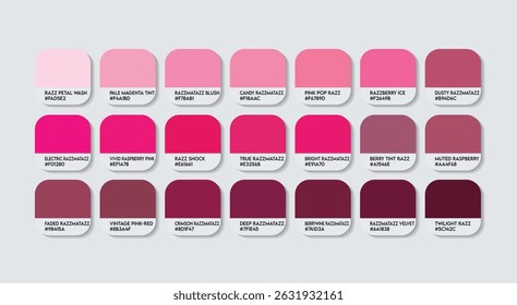 Razzmatazz Color Palette. True and Vibrant Razzmatazz Tones Swatch Chart with HEX Codes and Color Names. Deep and Dark Variants pink Color Palette. Soft and Muted Variants magenta color palette 