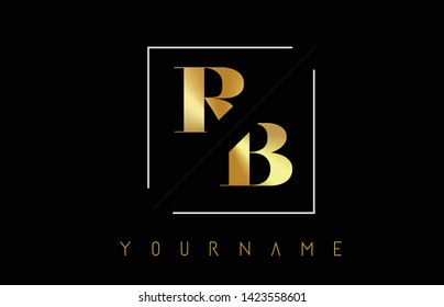 RB Golden Letter Logo with Cutted and Intersected Design and Square Frame Vector Illustration