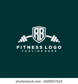 RB initial monogram for fitnes or gym logo with creative shield and barbell design