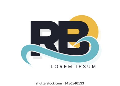 RB letter logo with ocean waves and sunset. Beach concept design