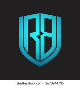 Monograma del logotipo RB con diseño de escudo de emblemas aislado con colores azules sobre fondo negro