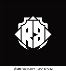 Monograma del logotipo RB con línea de protección y plantilla de diseño de forma de 3 flechas sobre fondo negro