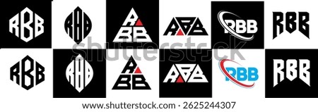 RBB letter logo design in six style. RBB polygon, circle, triangle, hexagon, flat and simple style with black and white color variation letter logo set in one artboard. RBB minimalist and classic logo