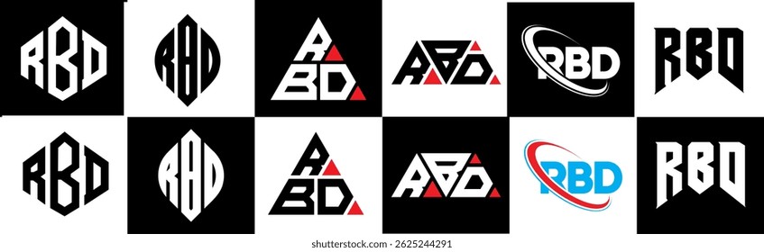 RBD letter logo design in six style. RBD polygon, circle, triangle, hexagon, flat and simple style with black and white color variation letter logo set in one artboard. RBD minimalist and classic logo