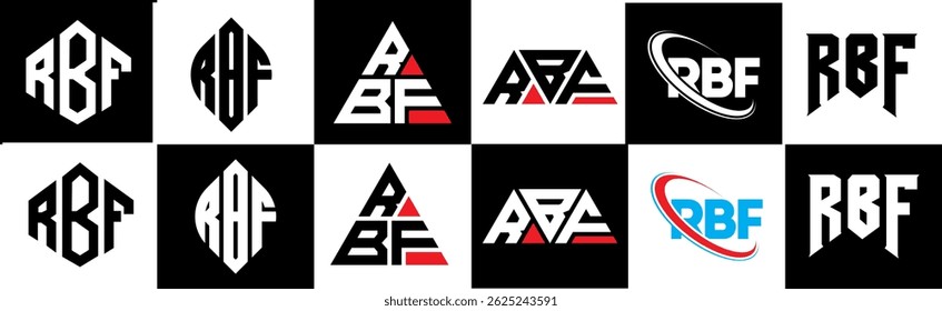 RBF letter logo design in six style. RBF polygon, circle, triangle, hexagon, flat and simple style with black and white color variation letter logo set in one artboard. RBF minimalist and classic logo