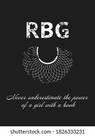 RBG and lace, text Never Underestimate The Power of a Girl With a Book. Poster, background