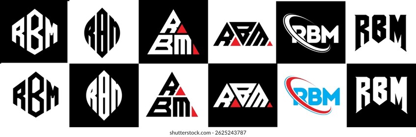RBM letter logo design in six style. RBM polygon, circle, triangle, hexagon, flat and simple style with black and white color variation letter logo set in one artboard. RBM minimalist and classic logo