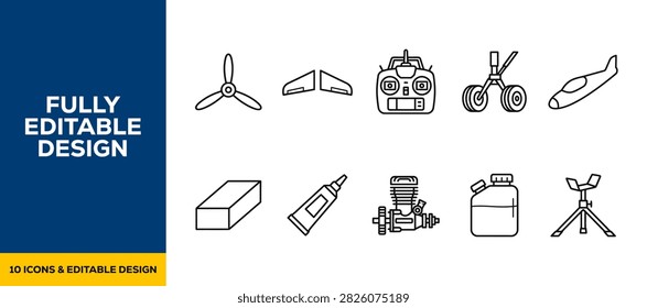 RC airplane models and hobby drone equipment icon set with remote control technology elements