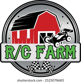 RC farm logo in green color with a black and white racing car and red house behind it. racing flags with gradients in background. creative logo for racing company and agriculture farmlands