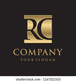RC initial letters looping linked box elegant logo golden black background