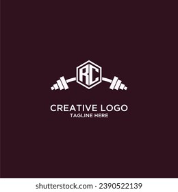 Monograma inicial RC para fitnes o logotipo de gimnasia con diseño de escudo creativo y barbacoa