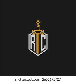 RC monograma inicial para imagem de escudo e espada