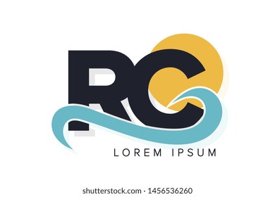 RC letter logo with ocean waves and sunset. Beach concept design