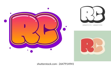 RC logo design for festival or party. Initial letter r and c in graffiti style. Creative modern lettering company name of font typography. Kids trendy logotype or identity. Vector illustration.
