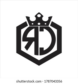 RC Logo monogram rounded by hexagon shape with crown design template on white background