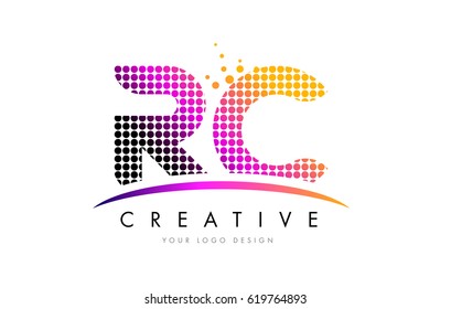 RC R C Dots Letter Logo Design with Magenta Bubble Circles and Swoosh