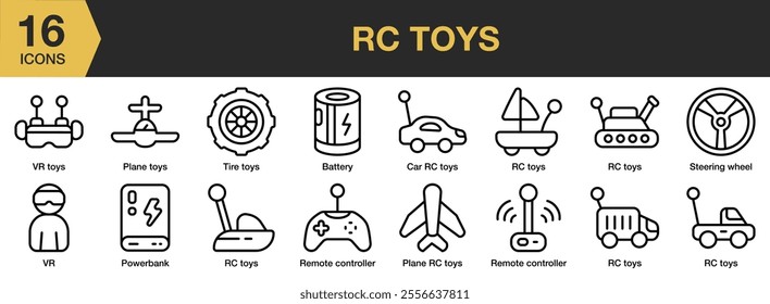 RC Toys icon set. Includes battery, car, steering wheel, plane, remote controller, and More. Outline icons vector collection.