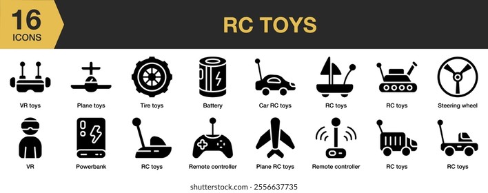 RC Toys solid icon set. Includes battery, car, steering wheel, plane, remote controller, and More. Solid icons vector collection.