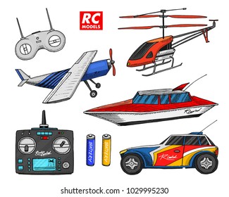 RC transport, remote control models. toys design elements for emblems. boat or ship and car or machine. revival radios tuner broadcasting system. Innovative technologies. engraved hand drawn.