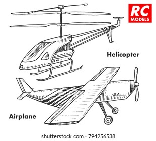 RC transport, remote control models. toys design elements for emblems, icon. helicopter and aircraft or plane. revival radios tuner broadcasting system. Innovative technologies. engraved hand drawn.