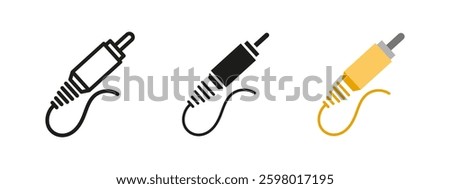 RCA audio cable icon. Yellow connector plug for sound transmission illustration. Analog signal connection for audio devices and stereo equipment. Electronics interface for media and music systems.